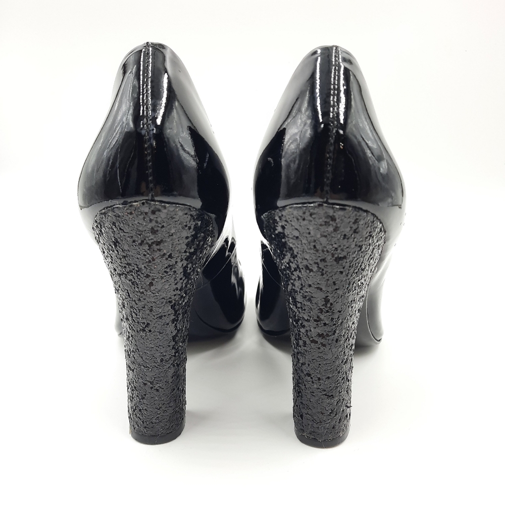 TORY BURCH Patent Leather Colin Pumps Glitter Heel Witchy Office Evening Black 7 - Picture 2 of 13